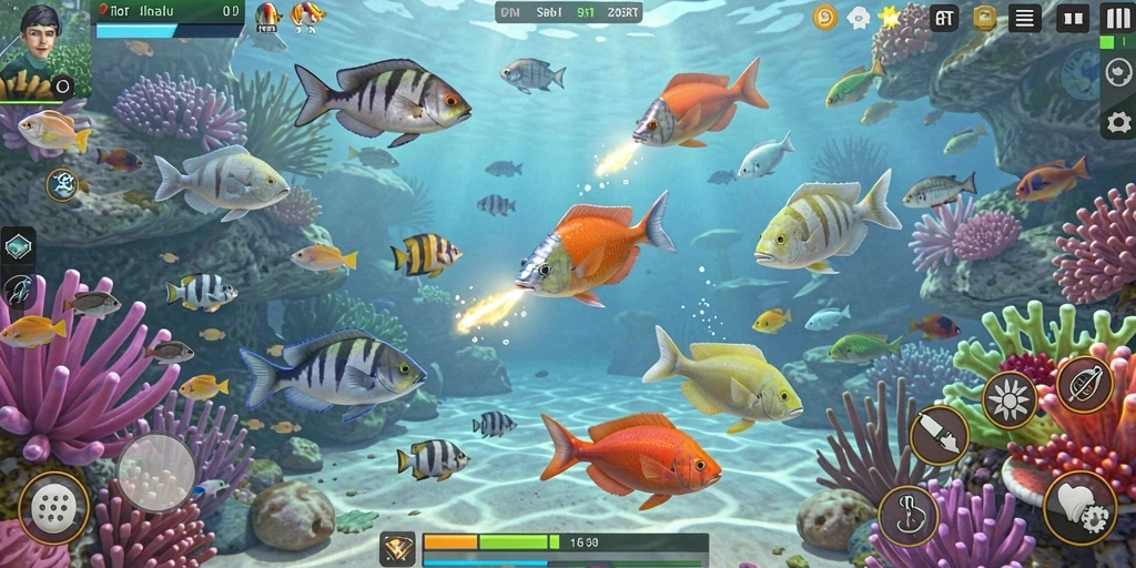 Screenshot 6RT menampilkan aksi menembak ikan yang mendebarkan.