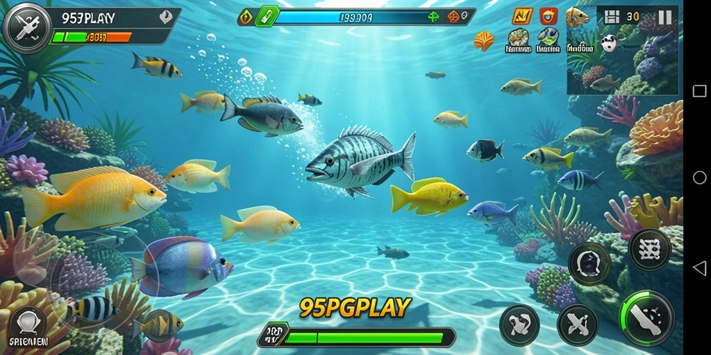 Tampilan gameplay seru dalam 95PGPLAY, tembak ikan dengan berbagai jenis ikan.