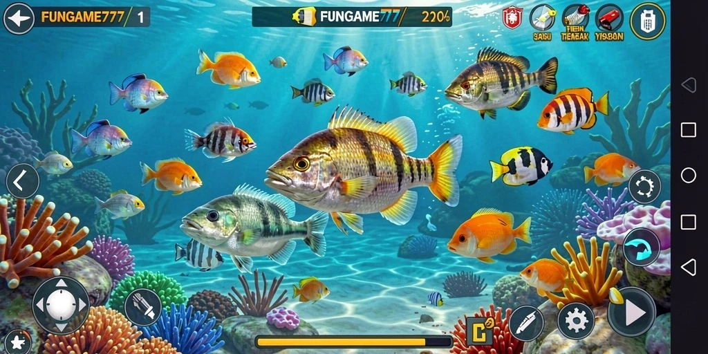 Screenshot gameplay FUNGAME777 dengan aksi menembak ikan yang seru.