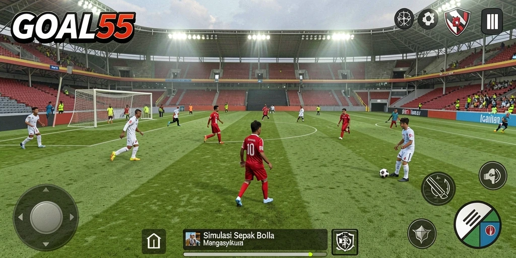 Tangkapan layar gameplay GOAL55 menampilkan aksi sepak bola yang mendebarkan.