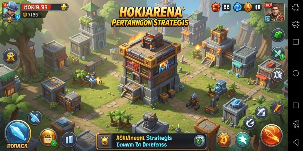 Screenshot gameplay HOKIARENA dengan menara dan musuh yang beragam.