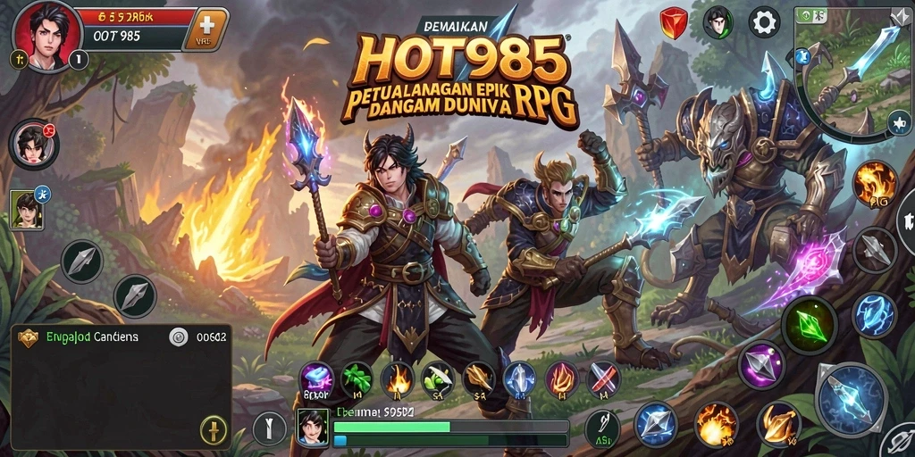Screenshot gameplay RPG HOT985 menampilkan pertarungan epik dan karakter menawan.