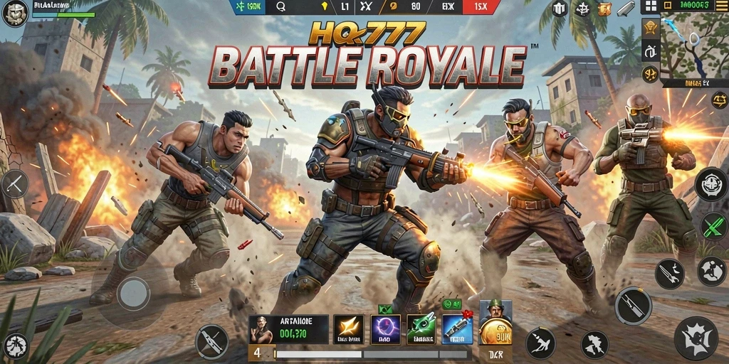 Tampilan seru dari gameplay HQ777 dalam pertarungan Battle Royale.