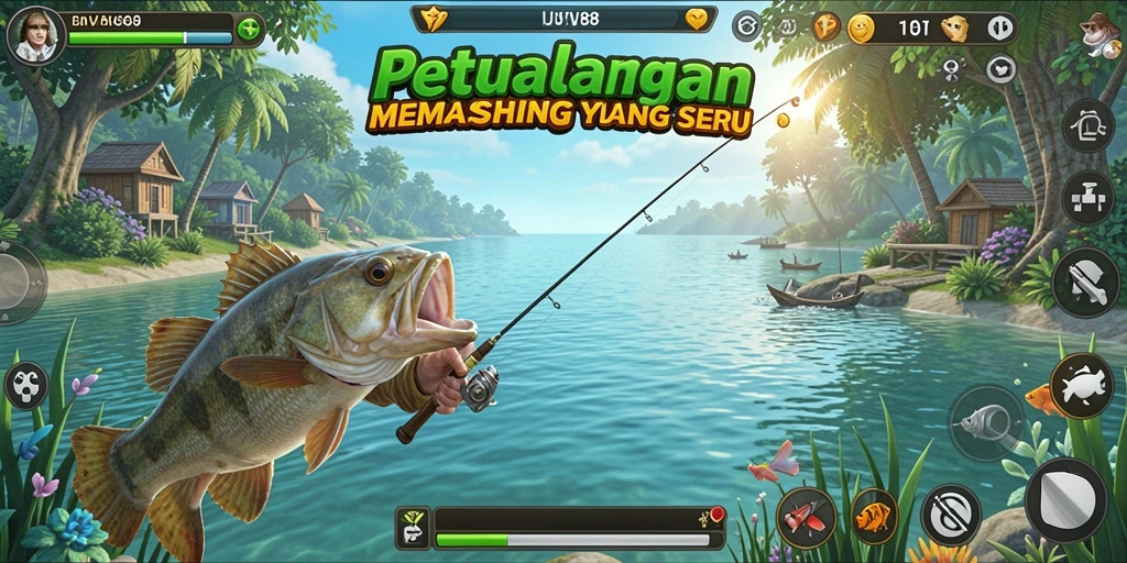 Tampilan gameplay JV88 yang mendebarkan saat memancing di lokasi indah.