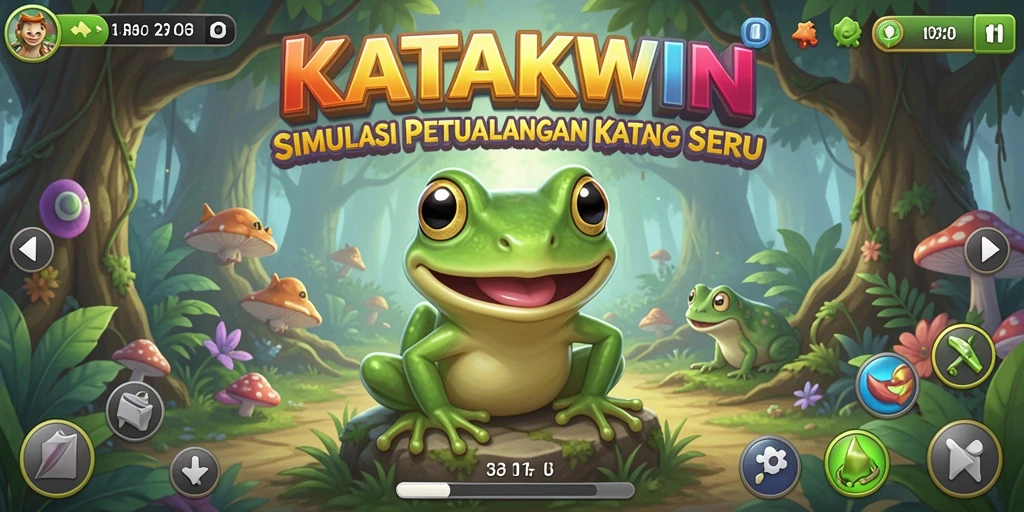 Screenshot gameplay KATAKWIN menampilkan katak yang melompat di lingkungan yang penuh rintangan.