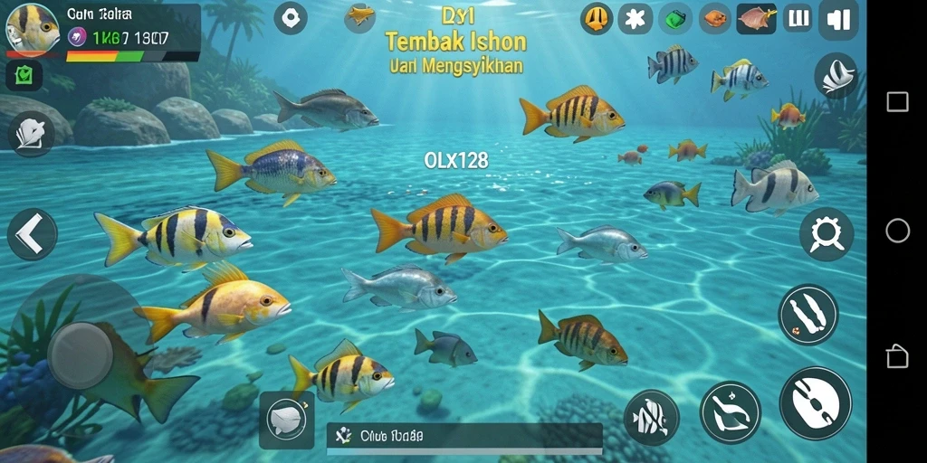 Tangkapan layar gameplay OLX128 yang menampilkan aksi menembak ikan yang seru.