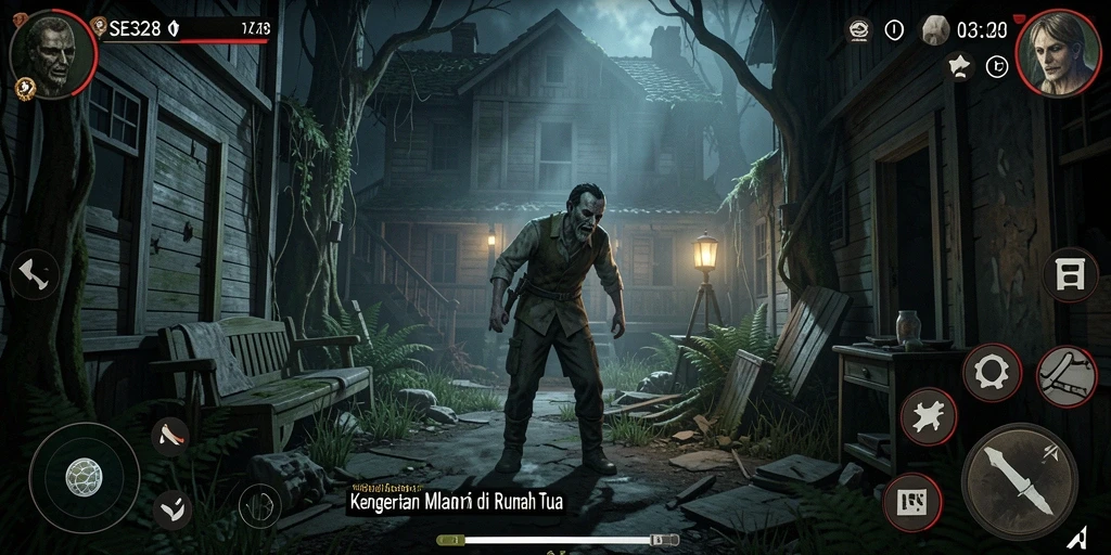 Menampilkan gameplay menyeramkan di dalam rumah tua yang angker.