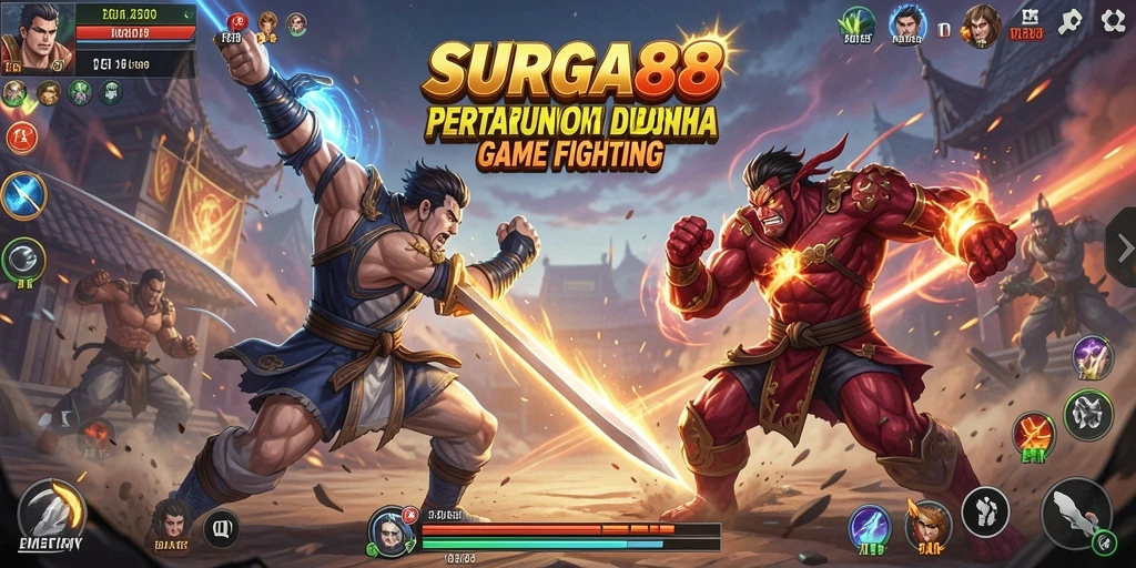 Tampilan gameplay seru di SURGA88 dengan karakter bertarung.
