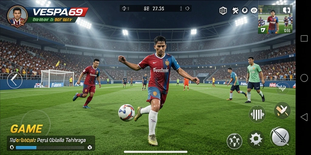 Tampilan gameplay menegangkan dari VESPA69 dengan aksi sepak bola yang intens.