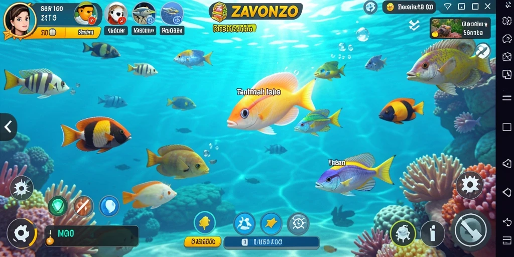 Tampilan gameplay ZAVONZO dengan aksi menangkap ikan yang seru.